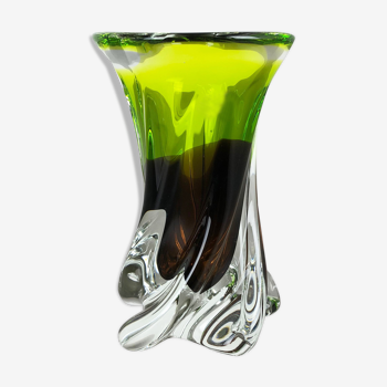 Large Vintage Green Brown Hand Blown Crystal Glass Vase by Joska, Germany, 1970s