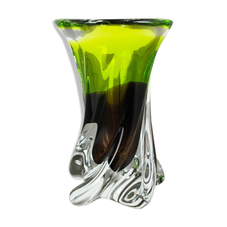 Large Vintage Green Brown Hand Blown Crystal Glass Vase by Joska, Germany, 1970s