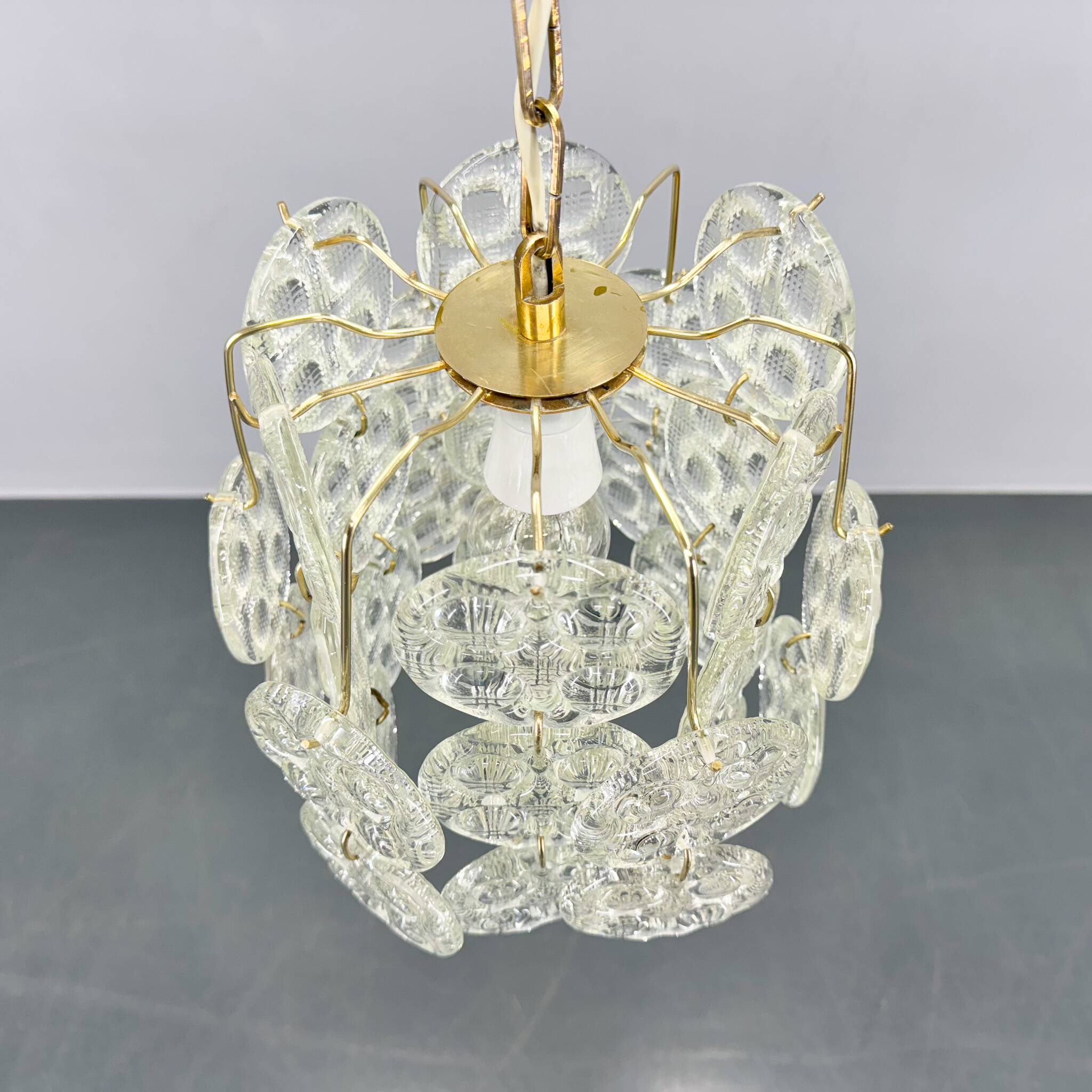 1970s Brass & Pressed Glass Chandelier, Czechoslovakia
