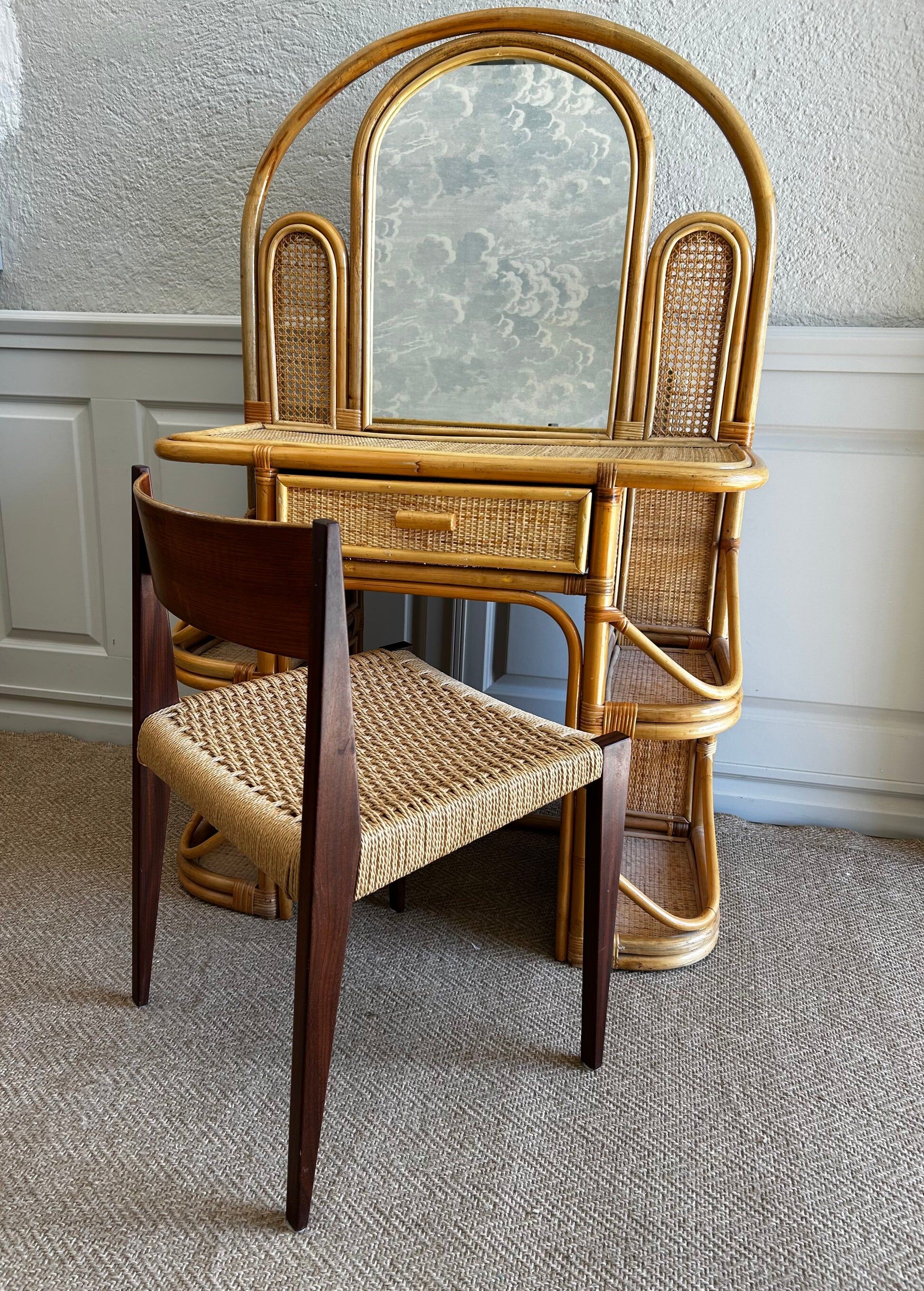 Bamboo and rattan vanity / dressing table with drawer and mirror, 1970s mid-century modern