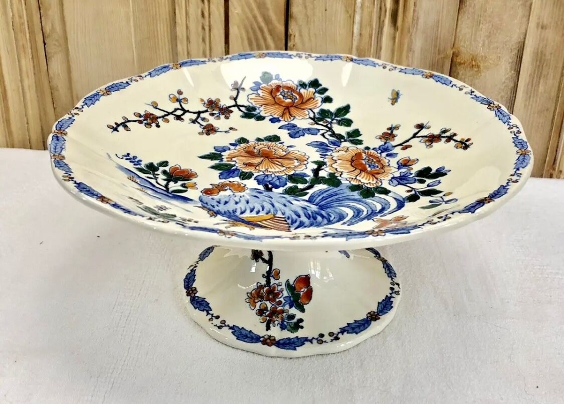 Compotier fruit cutters on pedestal Gien rooster and peonies 1938 1960