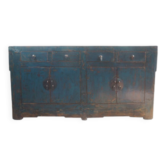 Antique Chinese sideboard in blue lacquered wood with drawers and doors