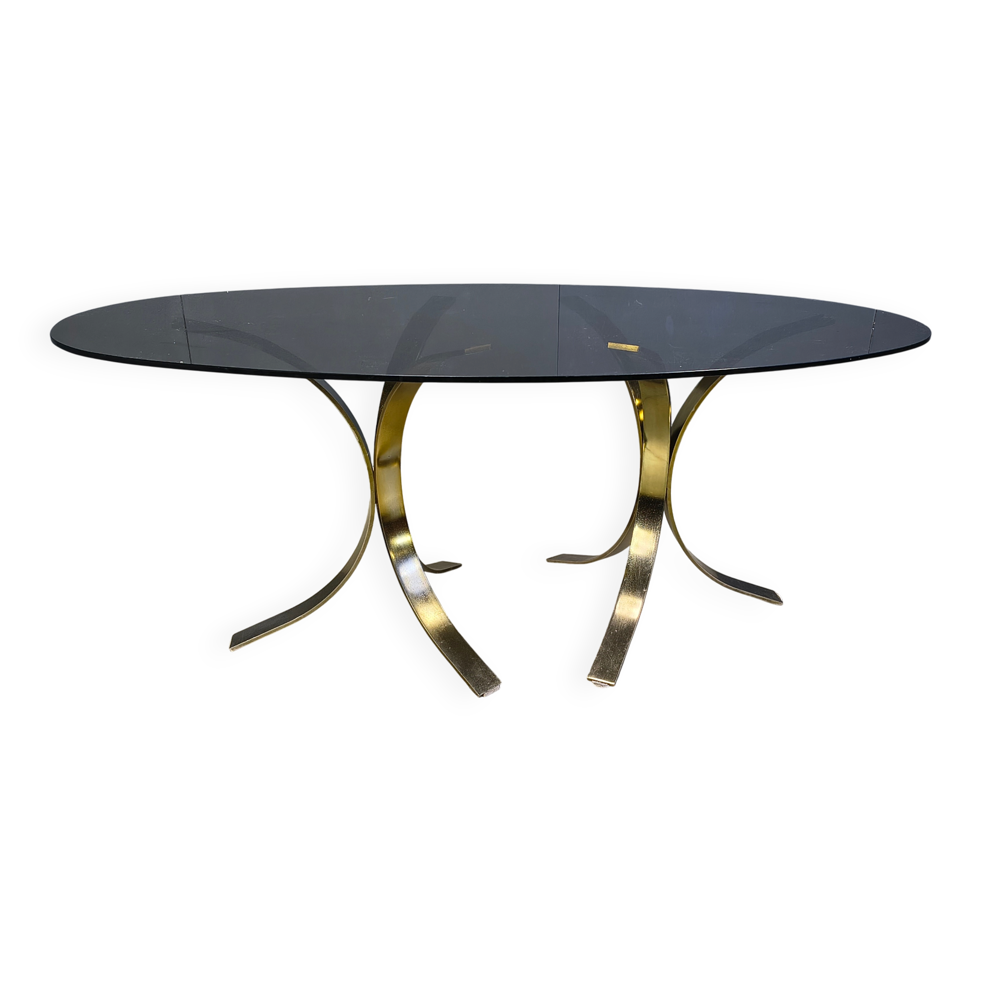 Vintage brass oval glass dining table, 1970s