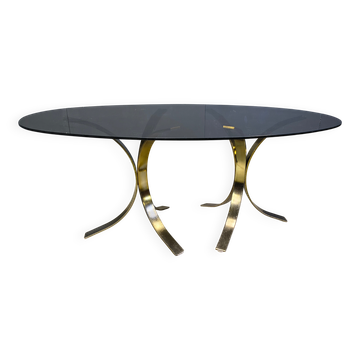 Table à manger en verre ovale en laiton vintage, années 1970