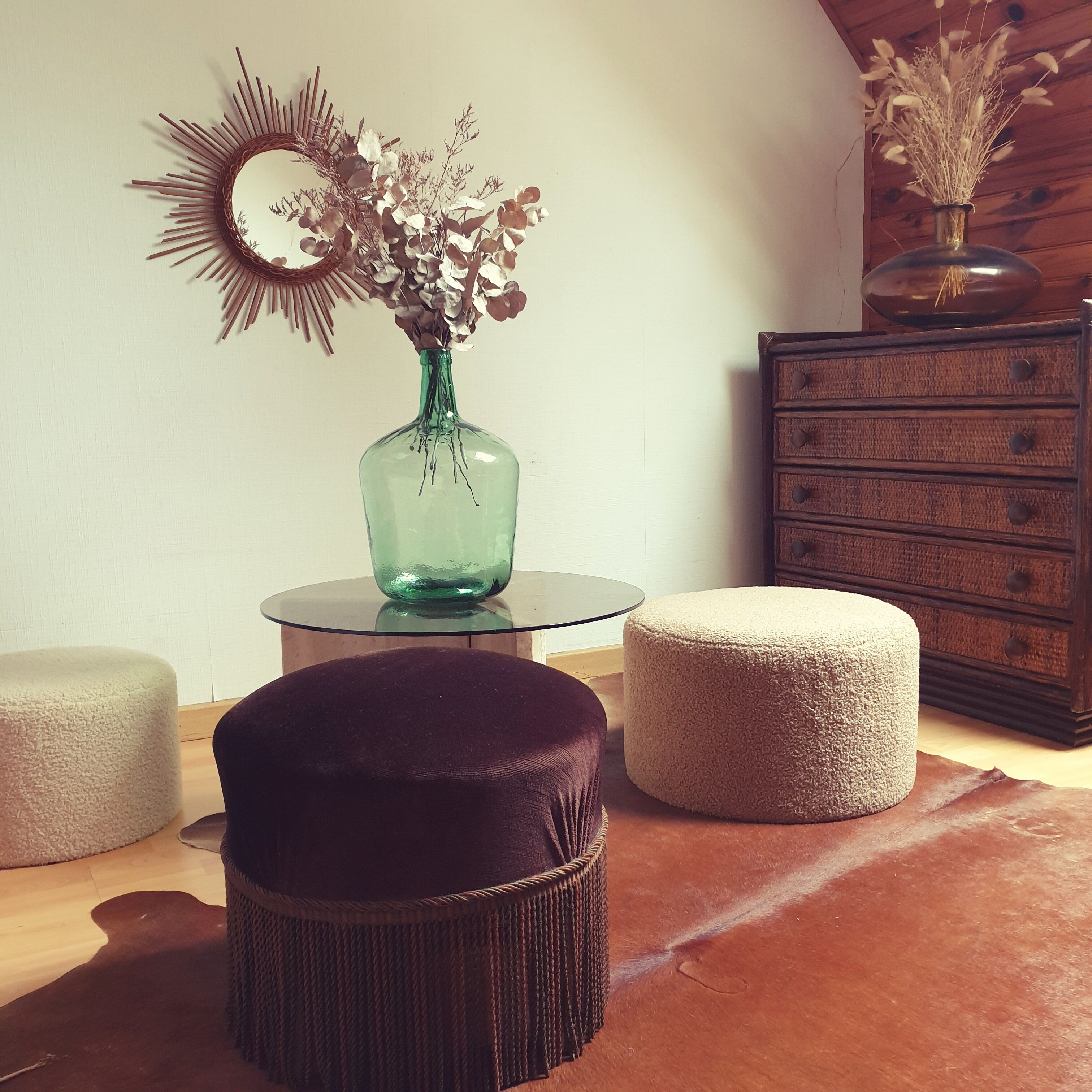 Pouf velours vintage à franges