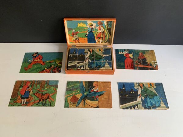 Puzzle cubes en bois ancien - Illustrations contes de Perrault - 1920