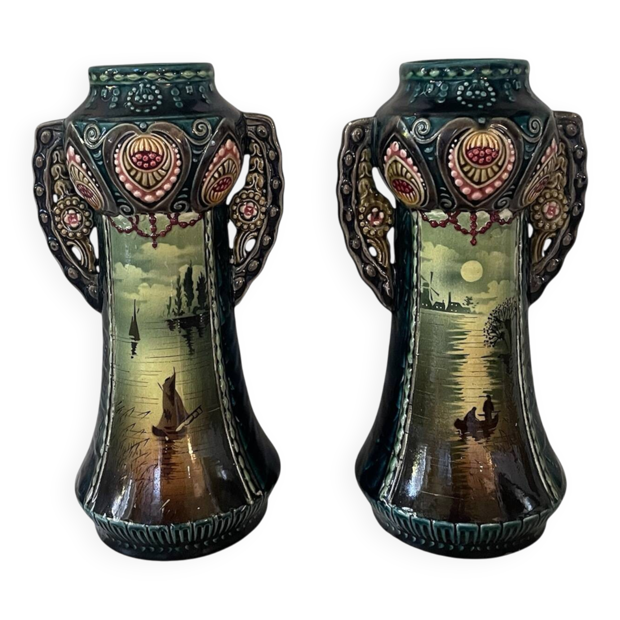 Pair of Art Nouveau slipware vases, hand-painted decoration.