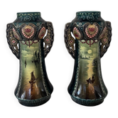 Pair of Art Nouveau slipware vases, hand-painted decoration.