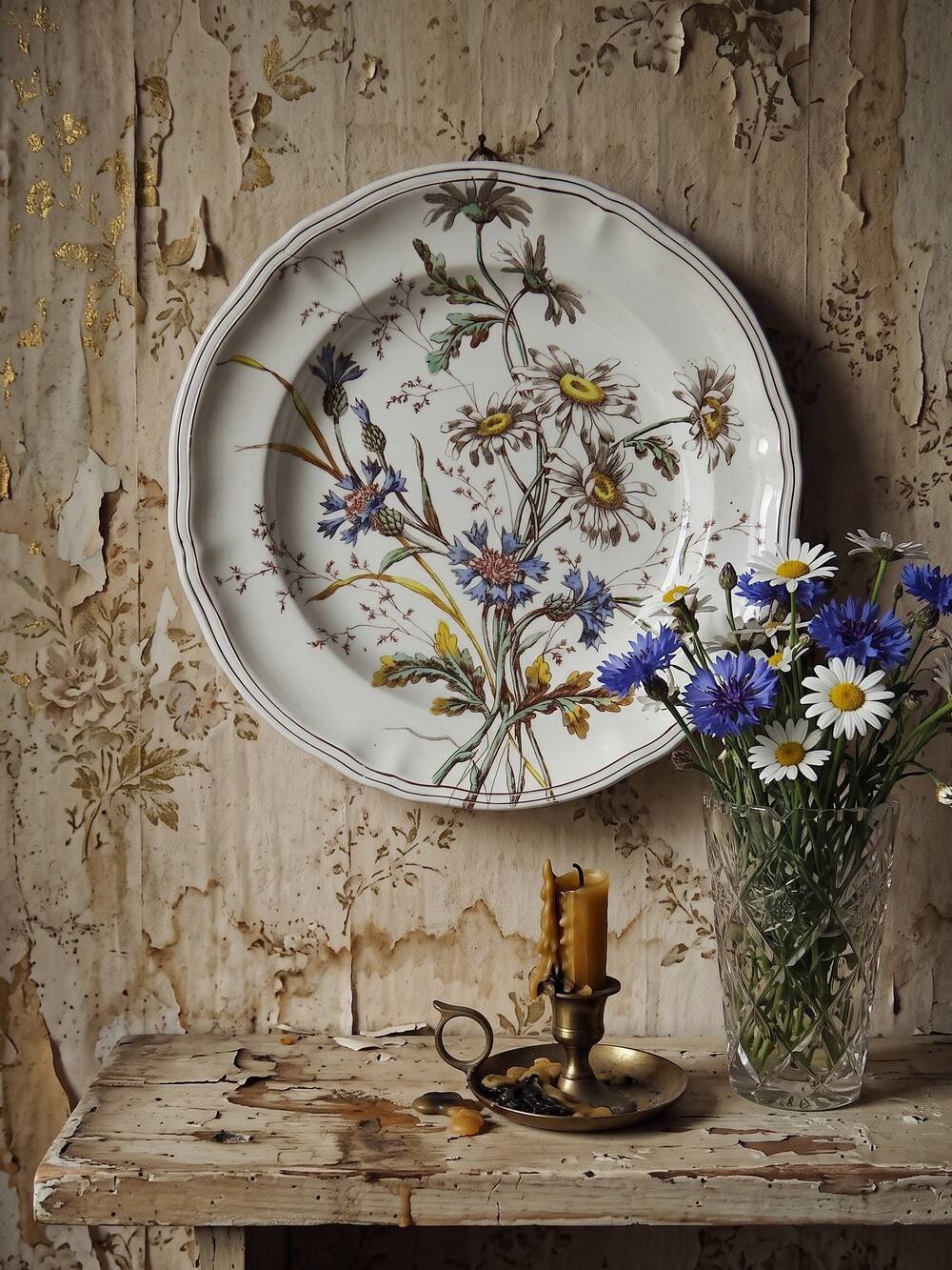Antique Longchamp shallow dish with polychrome daisies in ironstone.