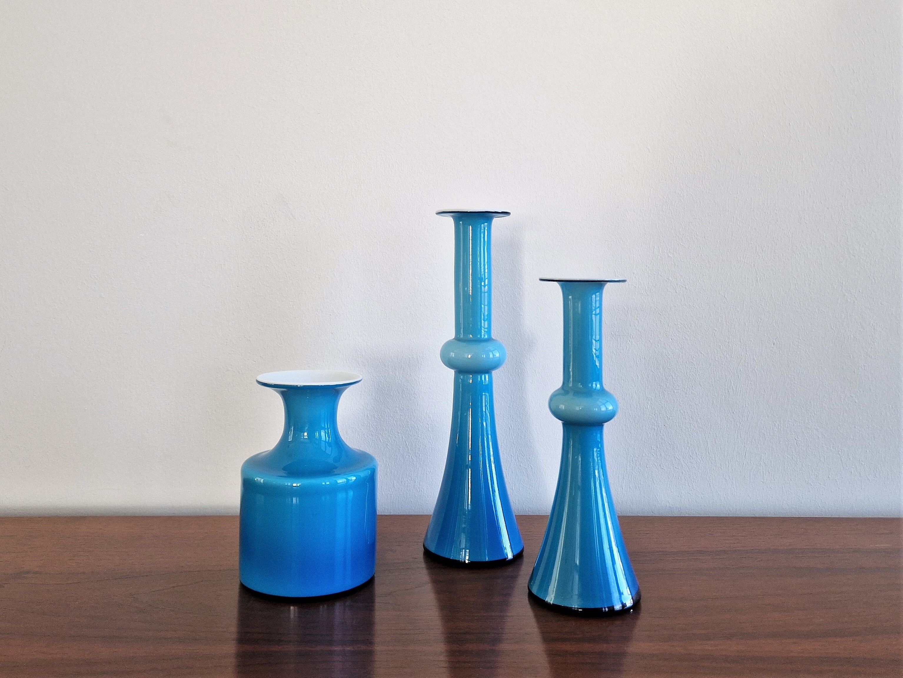 Arrangement of 3 blue glass 'Carnaby' vases by Per Lütken for Holmegaard, Denmark 1960's