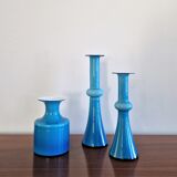 Arrangement of 3 blue glass 'Carnaby' vases by Per Lütken for Holmegaard, Denmark 1960's