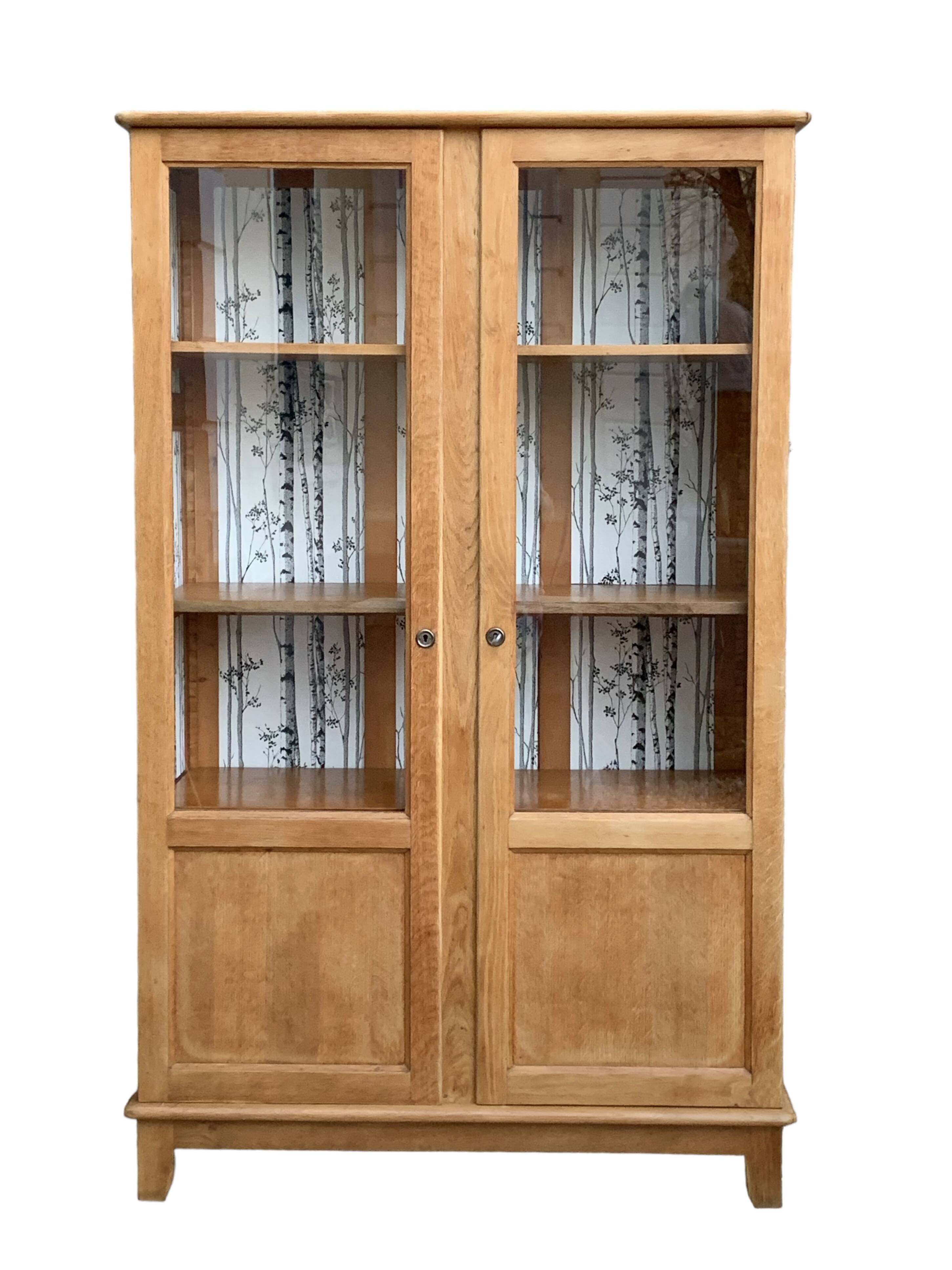 Solid raw oak school glass cabinet 1950