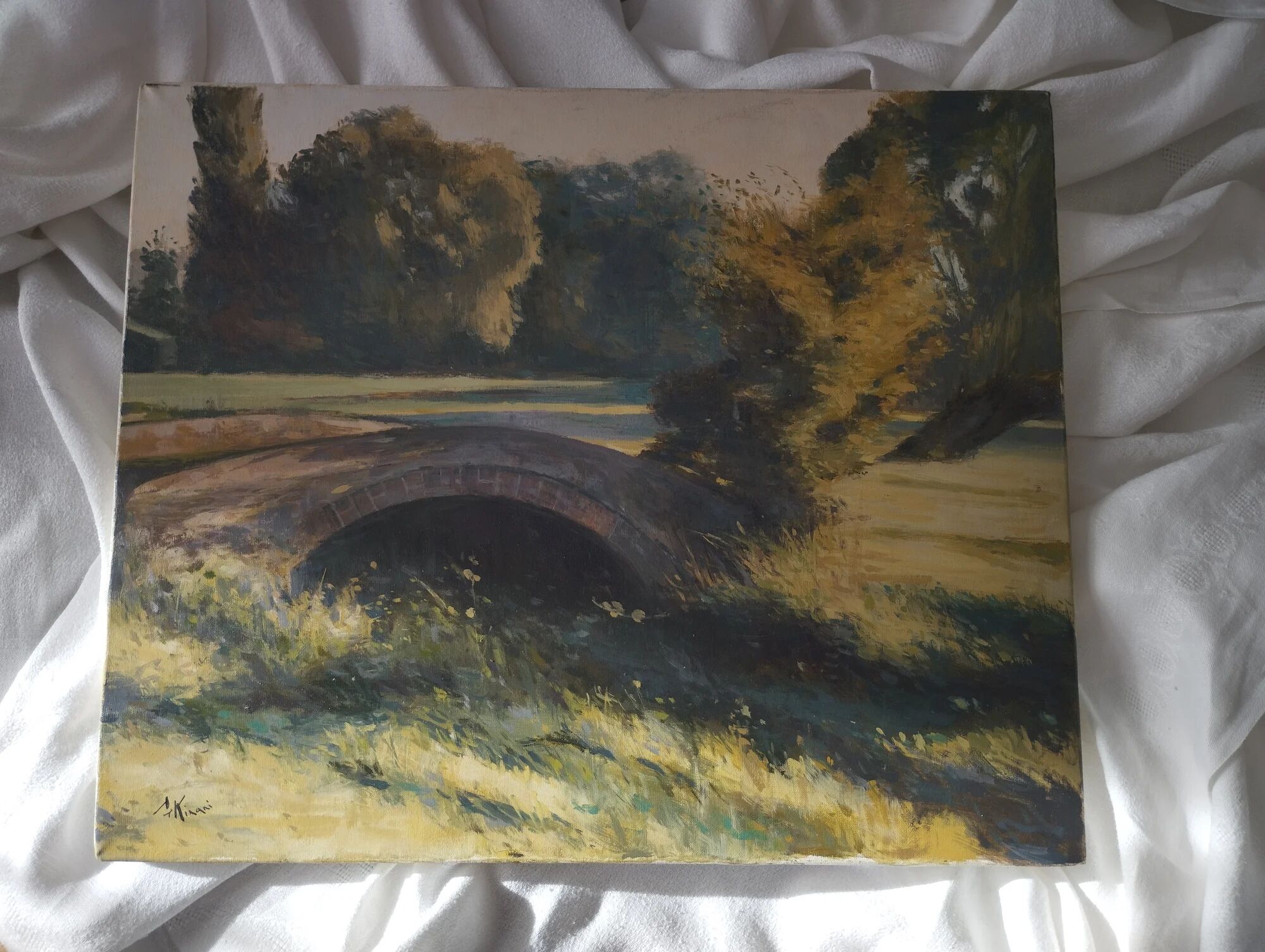Old brick bridge in Normandy - Signed oil painting