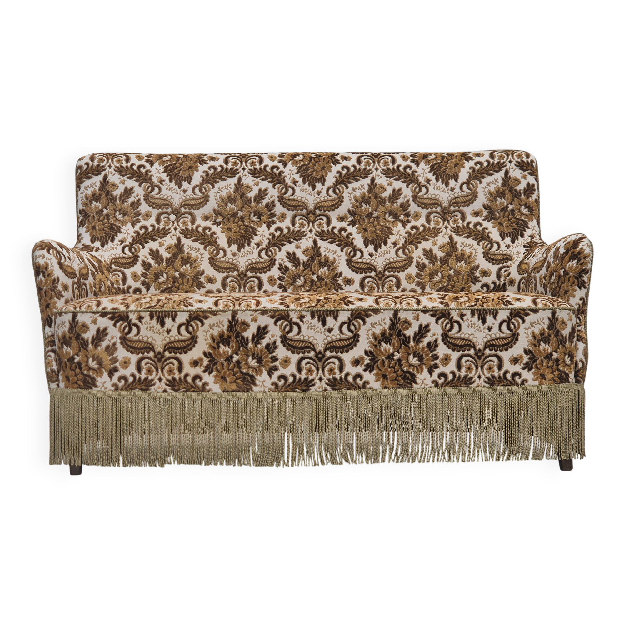 1960s, Danish 2-seater sofa, brown/beige furniture fabric, ash wood legs.