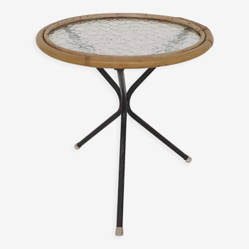 Table d’appoint ronde en verre et rotin Rohe Noordwolde, Pays-Bas 1950