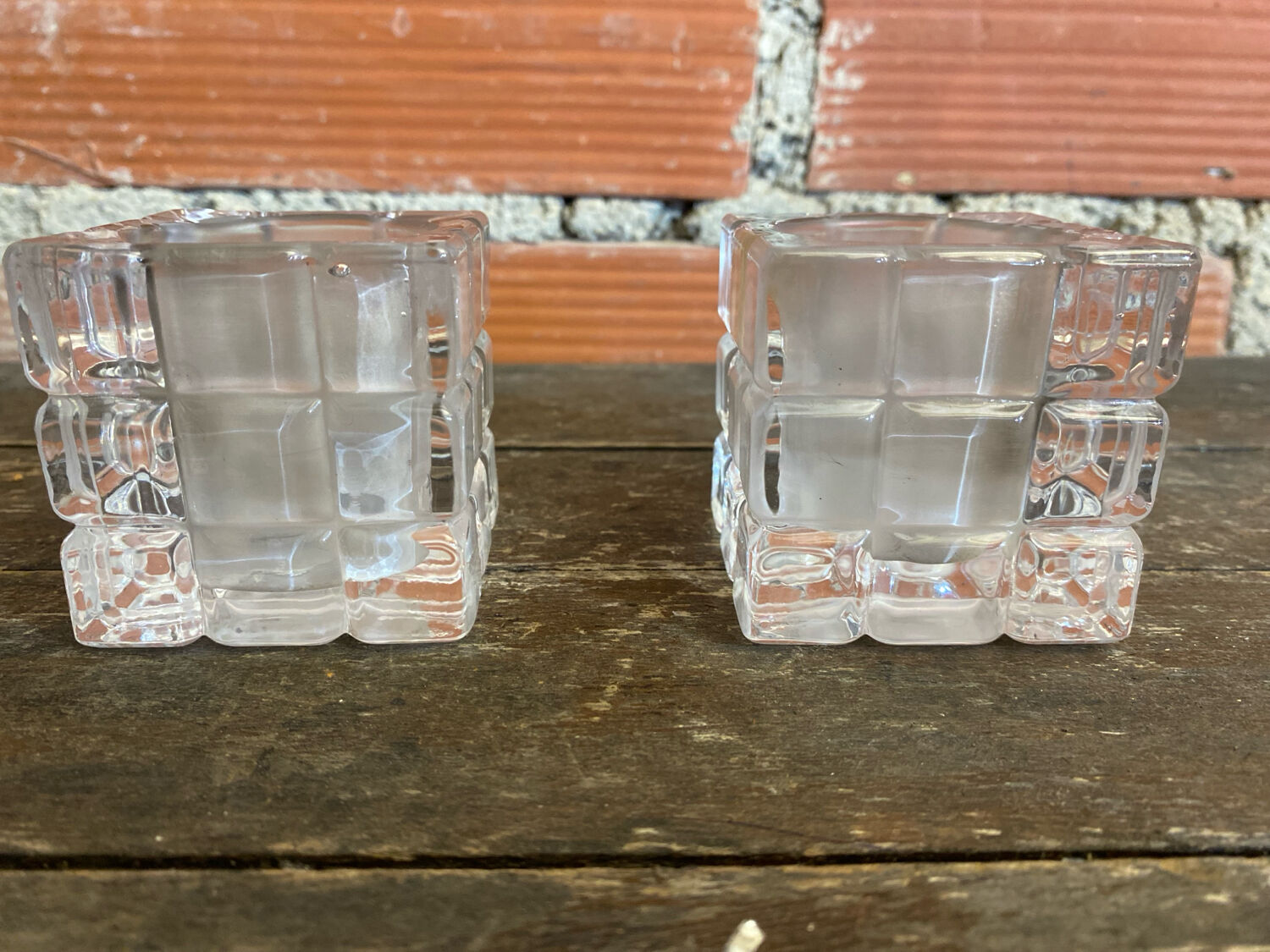 Pair of Modernist Cube Design Candle Holders Moulded Glass 1970s Vintage