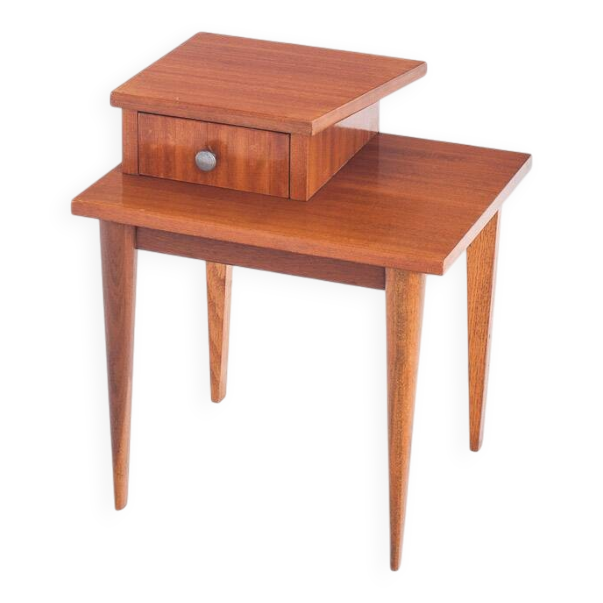 Vintage bedside table. Varnished wood. France, 1960s.