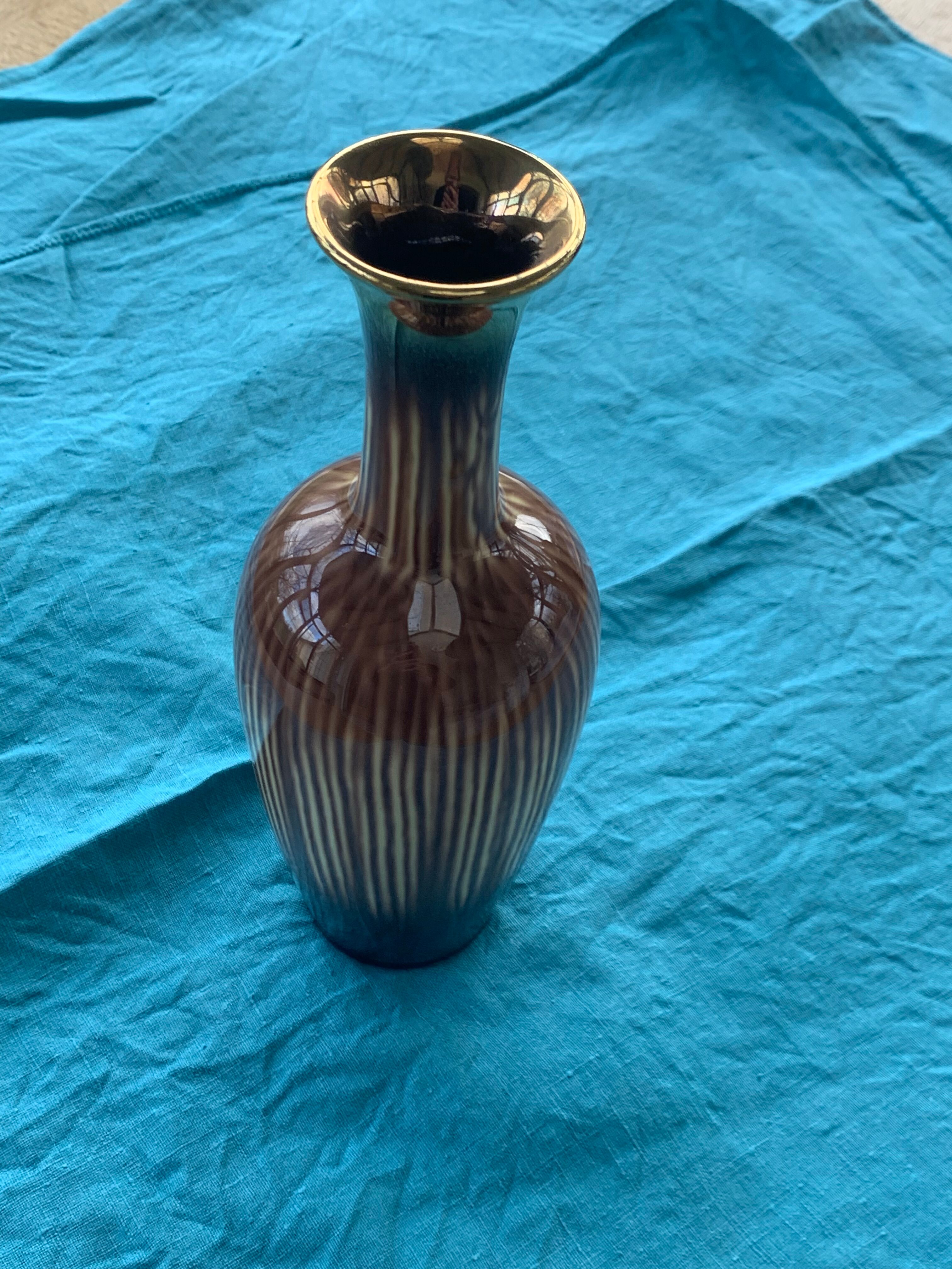 Soliflore vase in beige and gold glazed ceramic, numbered and vintage