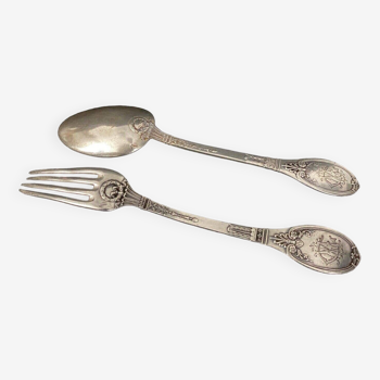 Pair of Gorini silver cutlery, Empire style, Minerva hallmark and richly decorated monogram