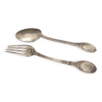 Pair of Gorini silver cutlery, Empire style, Minerva hallmark and richly decorated monogram