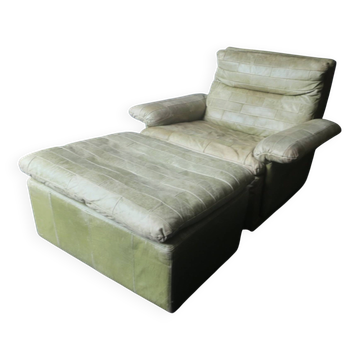 Patchwork leather olive green lounge chair and ottoman by Laauser, 1970s