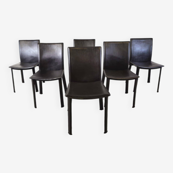 Black leather dining chairs, set of 6 - 1980s