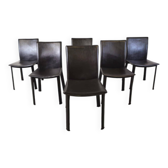 Black leather dining chairs, set of 6 - 1980s