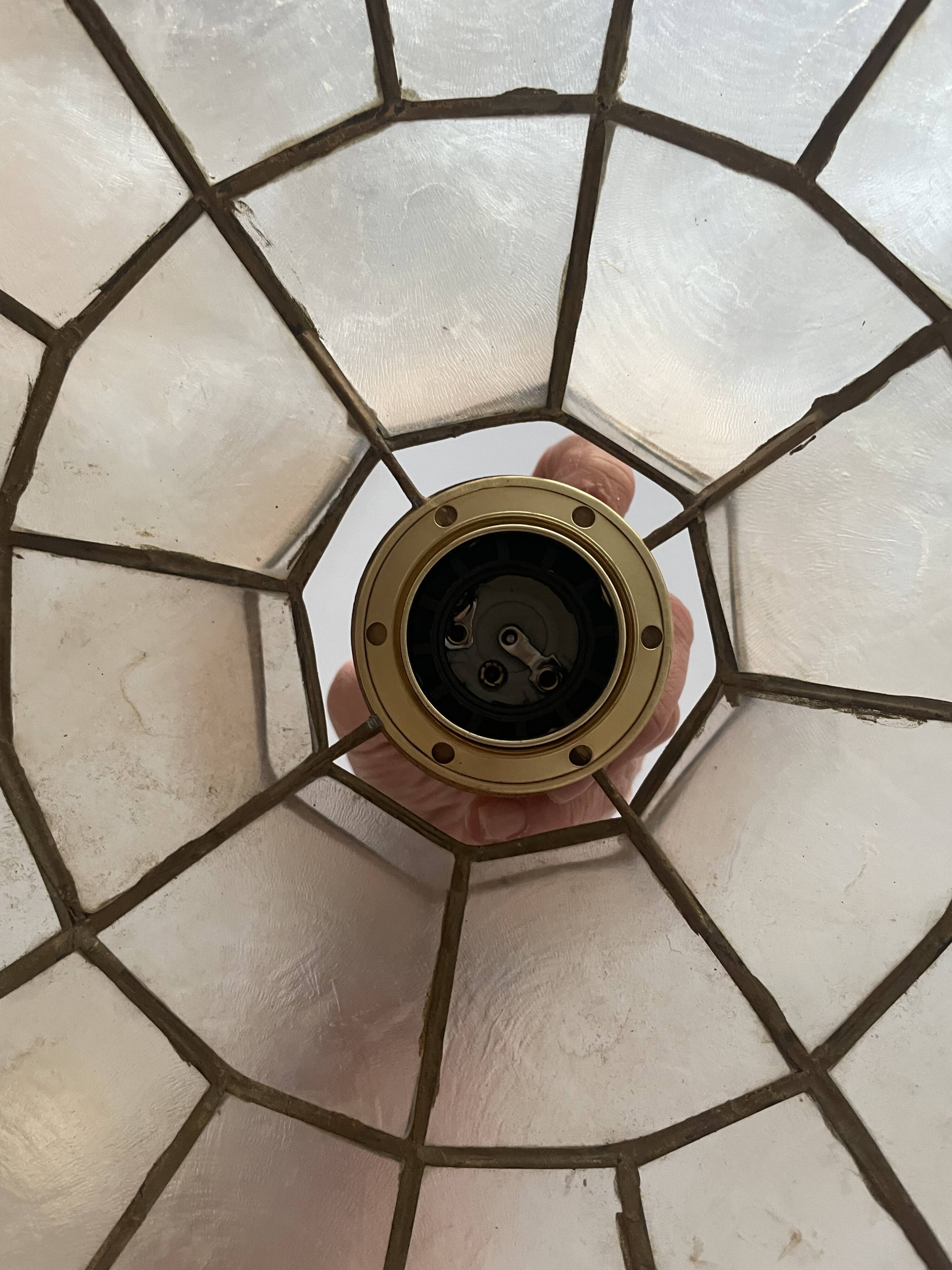 Large pendant lamp with mother-of-pearl and brass shade