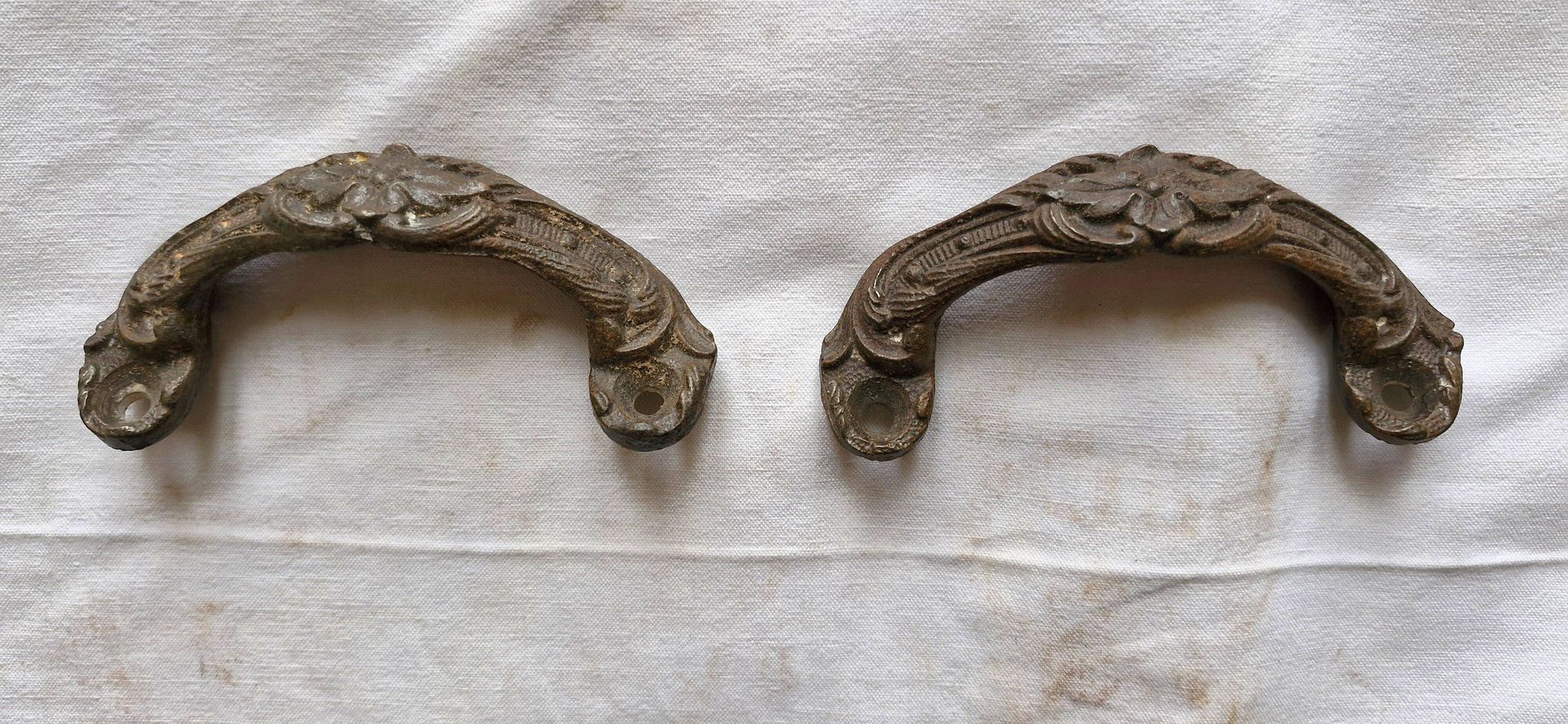 2 antique carved solid brass handles