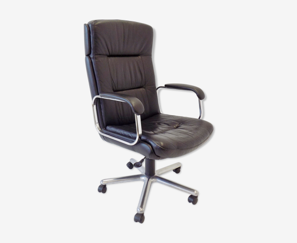 Fauteuil de bureau allemand en cuir noir années 70