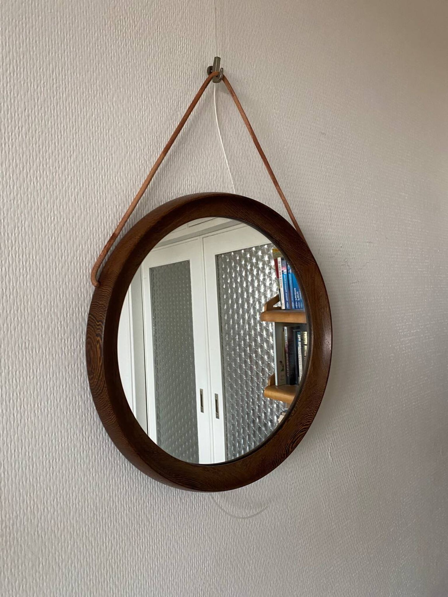 Mid-Century Scandinavian Round Wenge Wood Mirror with Leather Strap, 1950s