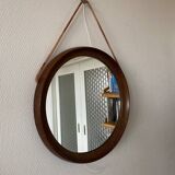 Mid-Century Scandinavian Round Wenge Wood Mirror with Leather Strap, 1950s