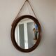 Mid-Century Scandinavian Round Wenge Wood Mirror with Leather Strap, 1950s