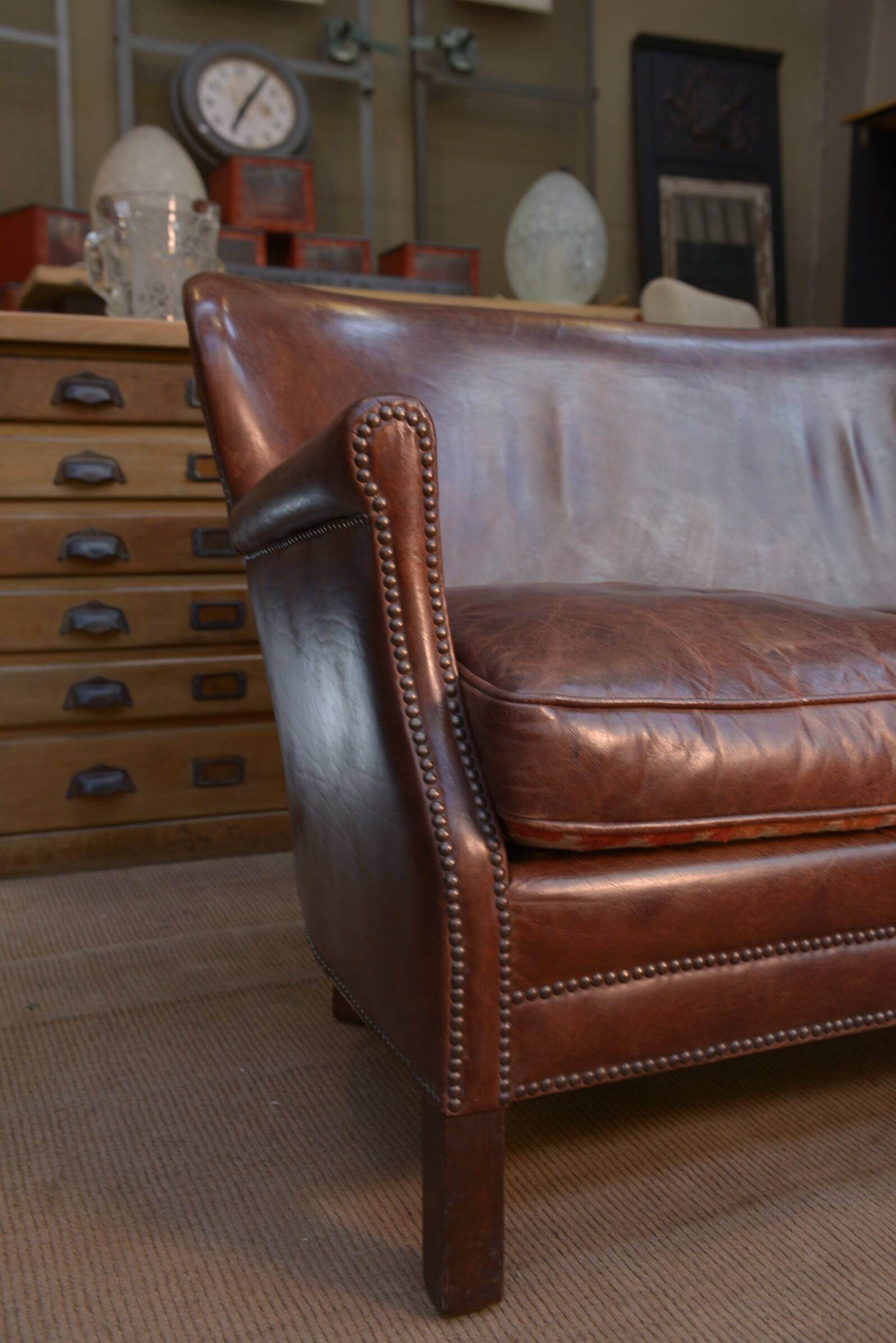Small Vintage Bench Sofa Studded Leather Sofa 1970s