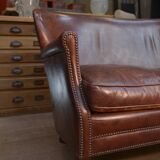 Small Vintage Bench Sofa Studded Leather Sofa 1970s