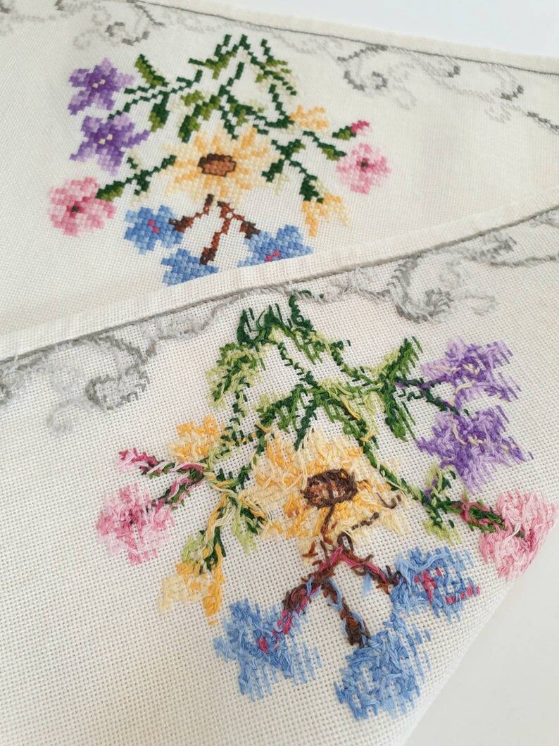 8 Vintage Linen Floral Cross stitch embroidery Hand embroidery Scandinavian Table runner dresser Coffee tea table decor Napkin table mat