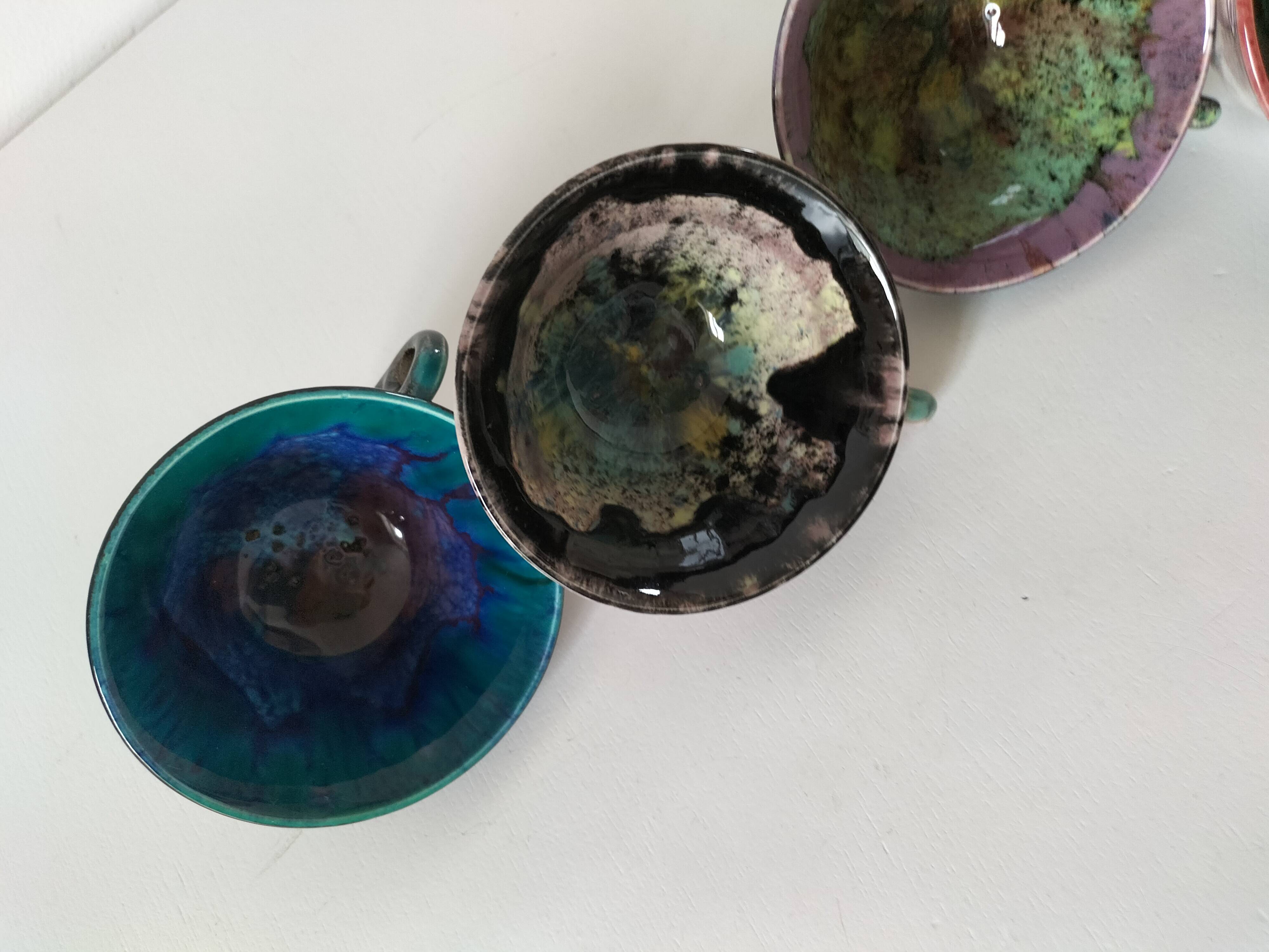 5 tasses Gaubier Morvan grès émaillé flammé multicolore