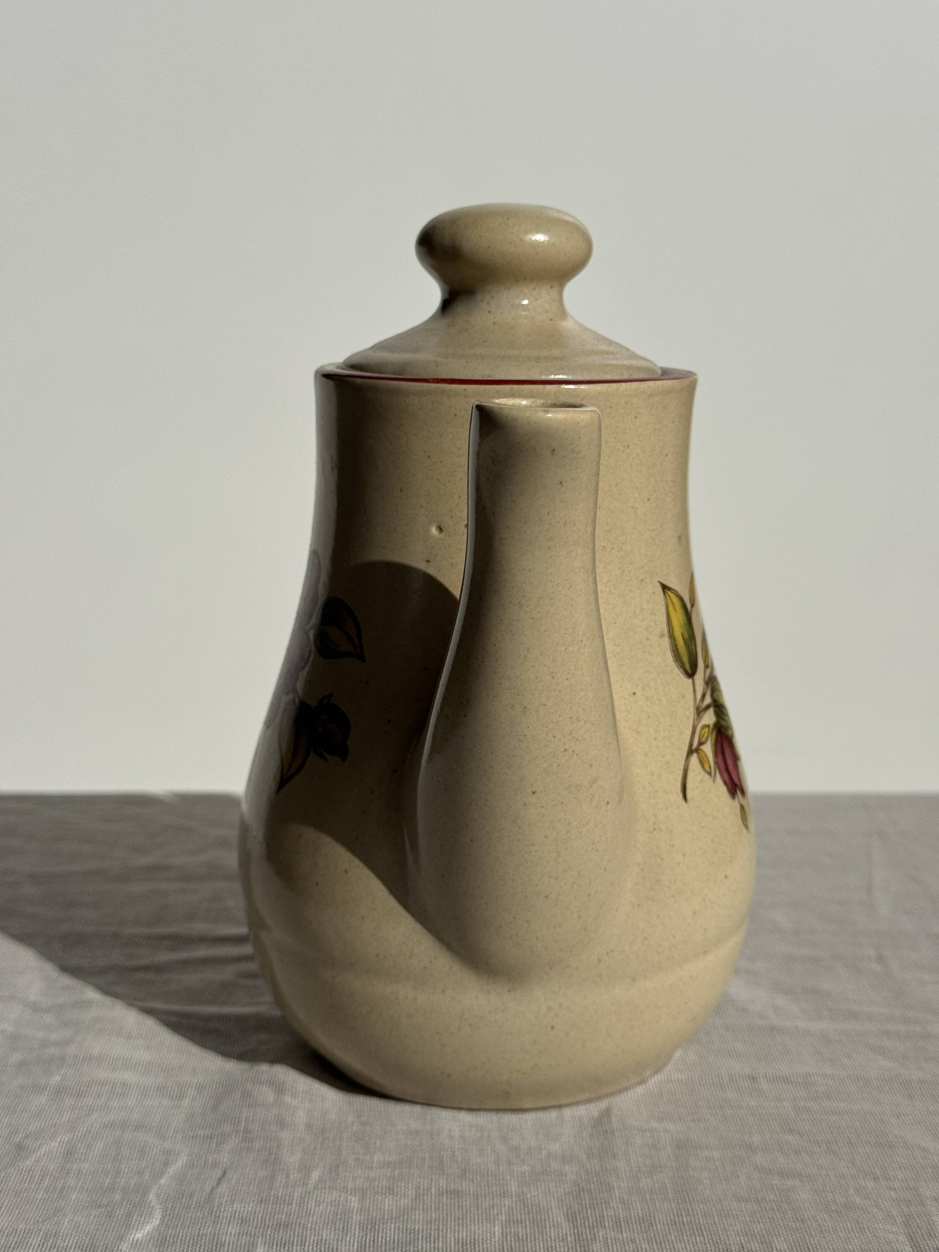 Vintage beige stoneware teapot with pink flower pattern H22