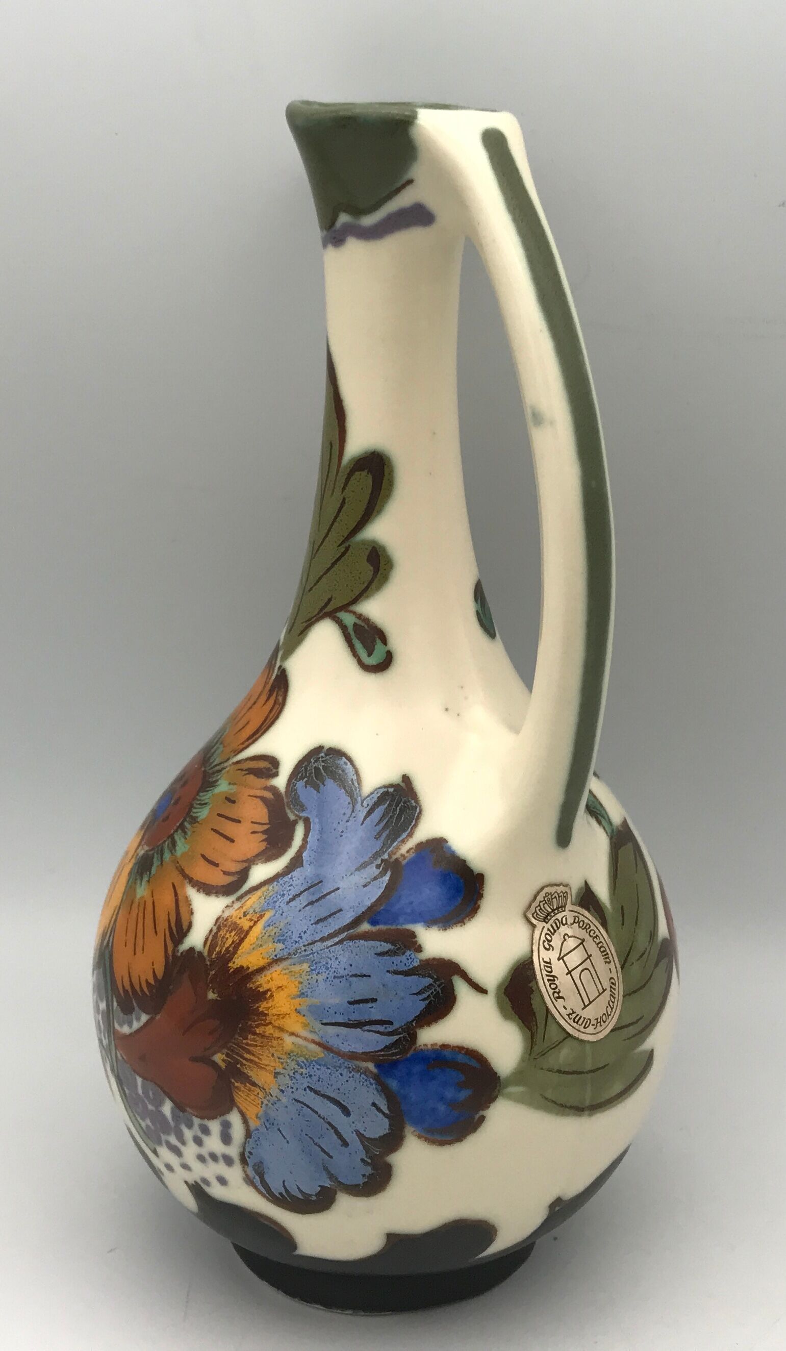 Old porcelain vase royal gouda holland decoration hand signed, 18 cm