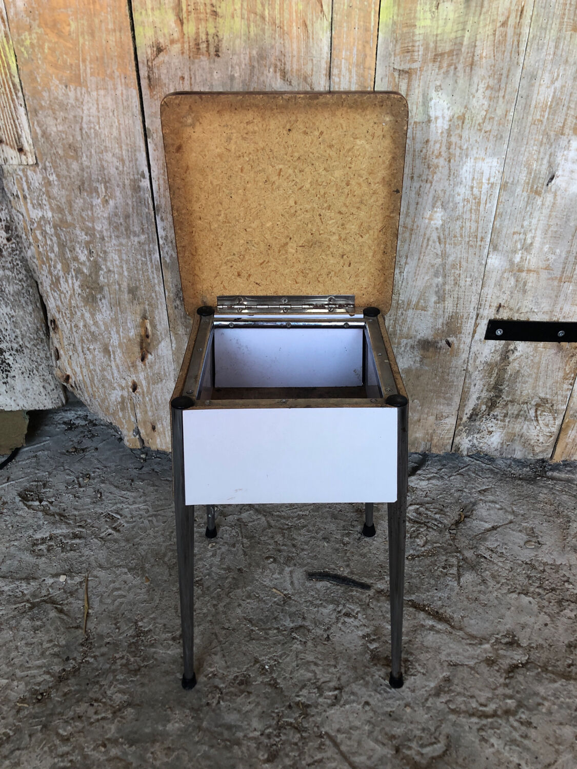 Stool chest formica wood feet compass metal chrome vintage