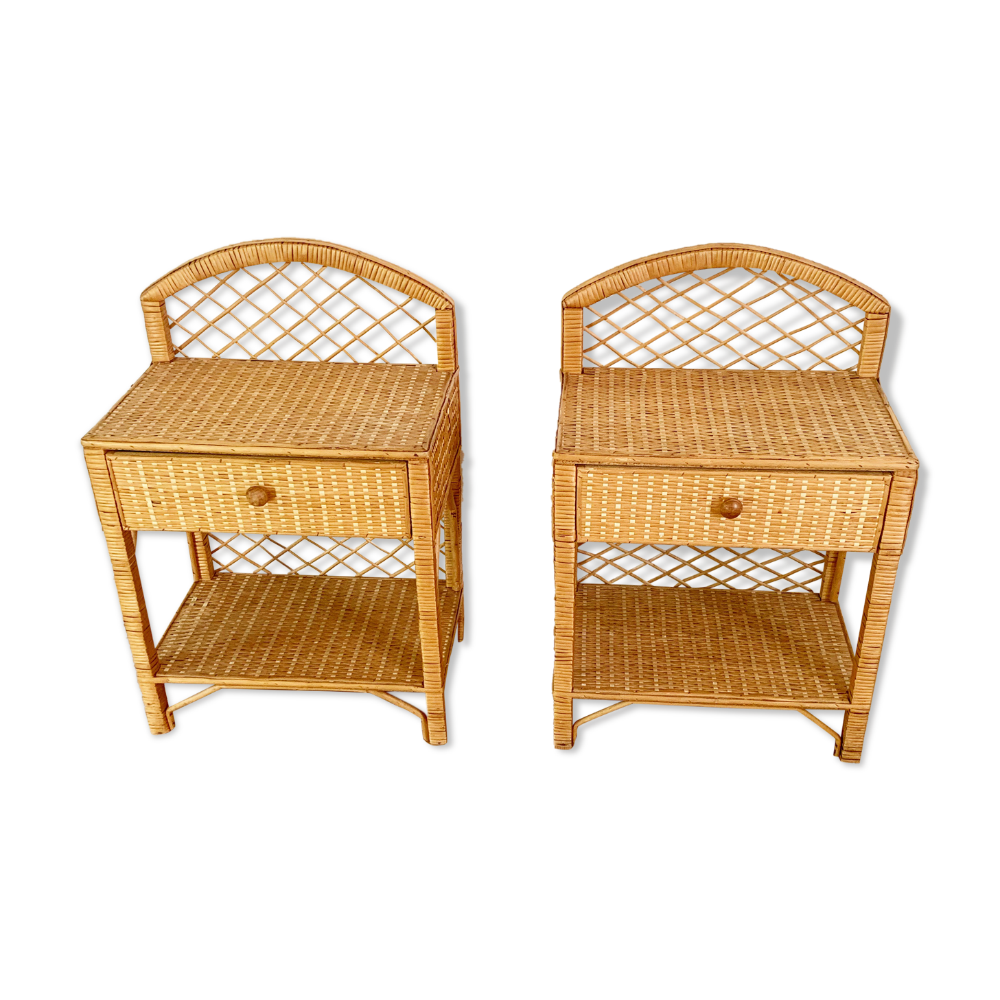 Pair of vintage wicker and rattan bedside tables