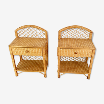 Pair of vintage wicker and rattan bedside tables