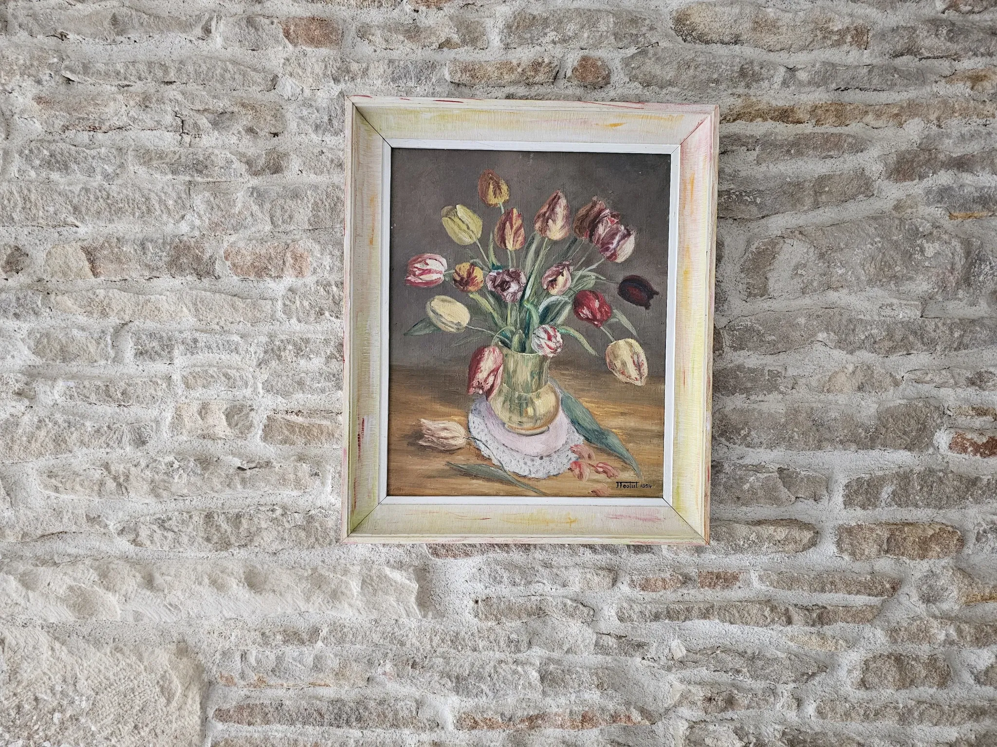 Oil on Canvas Still Life Flowers Bouquet Tulips Signed J. Testut