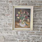 Oil on Canvas Still Life Flowers Bouquet Tulips Signed J. Testut