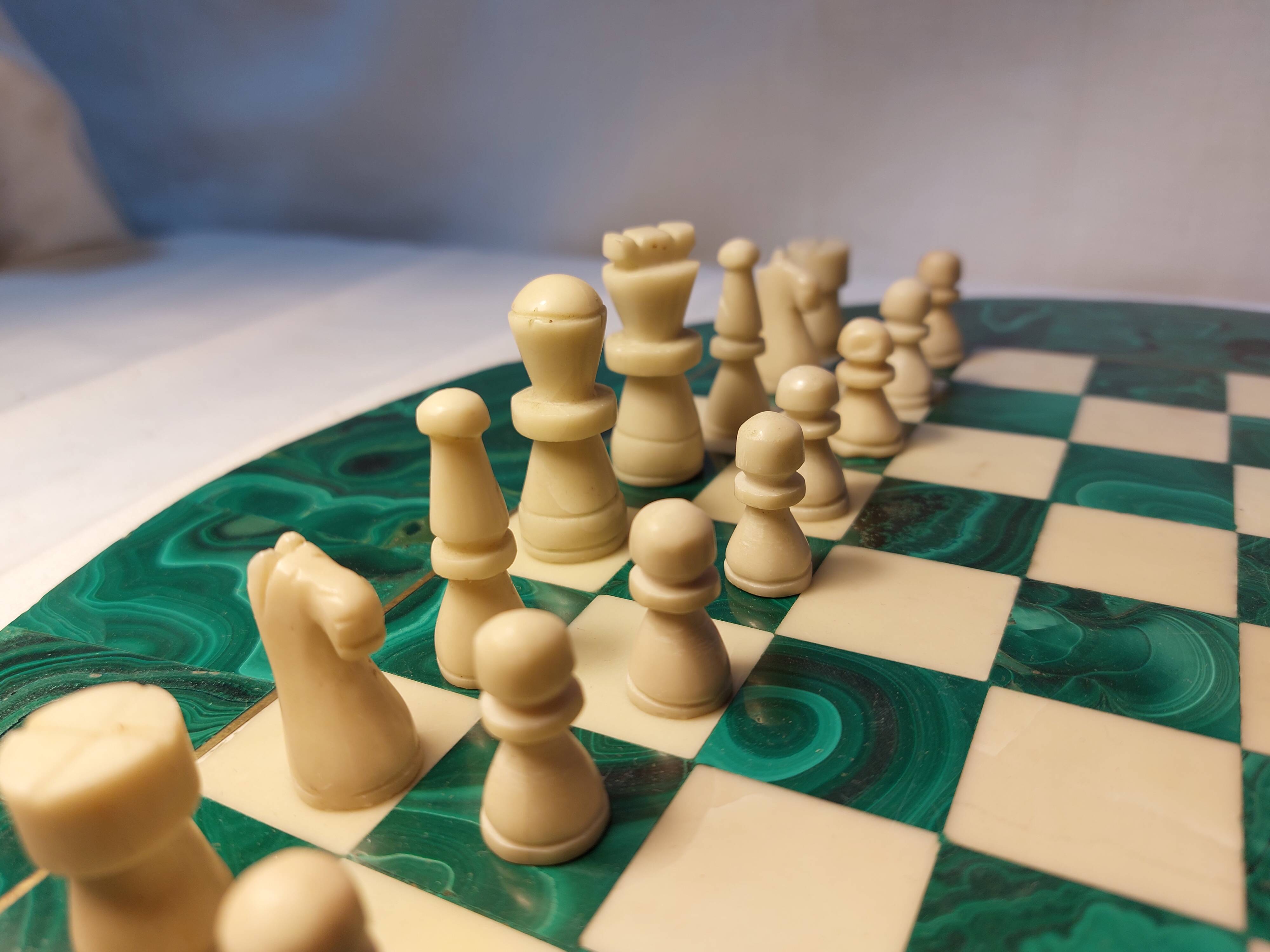 Vintage Complete Chess Set in Malachite and White Stone