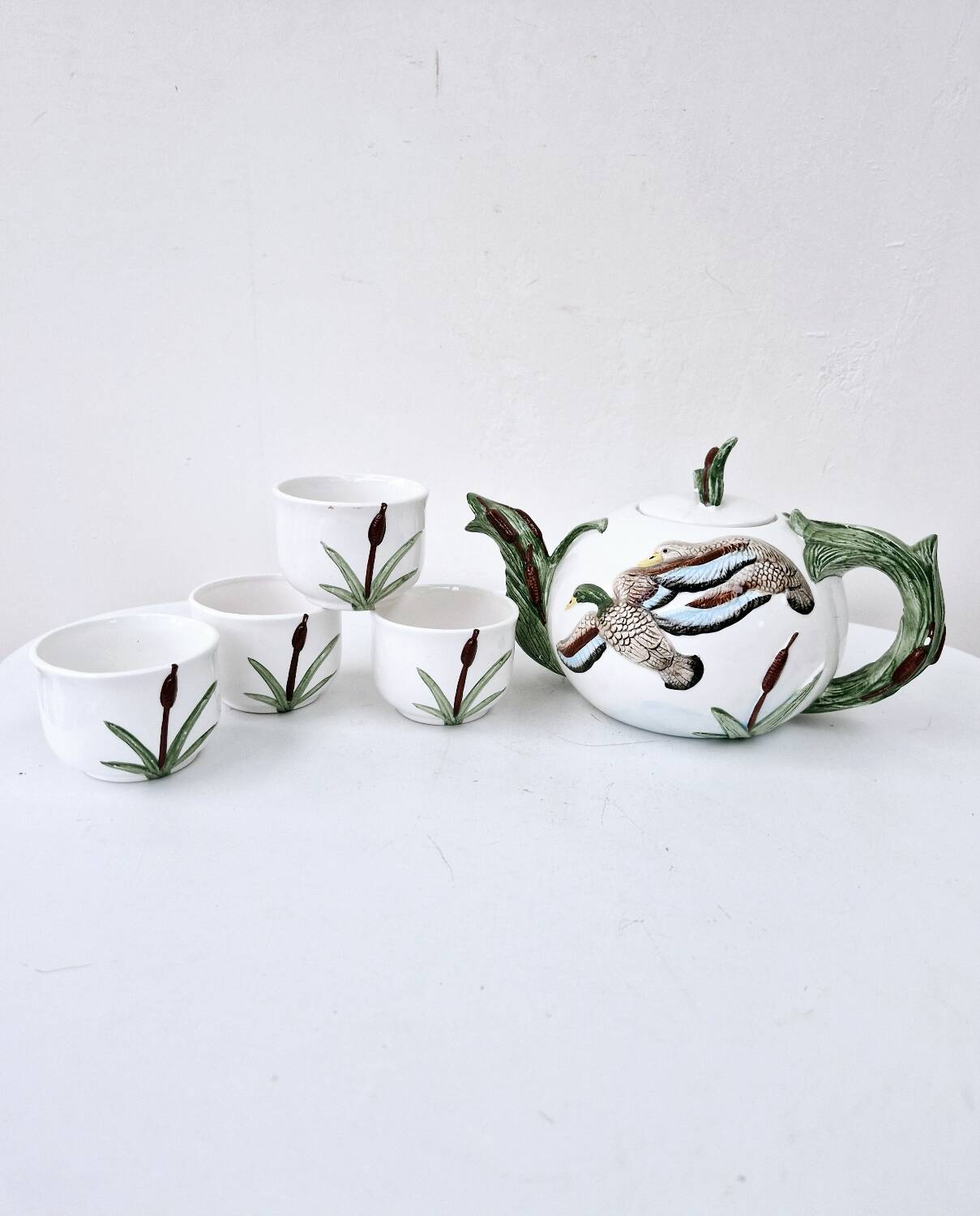 Vintage ceramic tea set barbotine duck reeds hand painted
