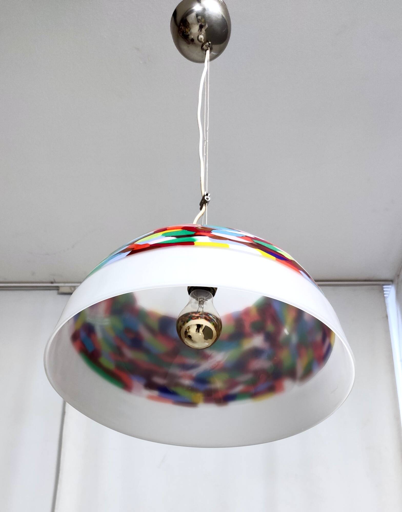 White and Colored Blown Glass and Chrome-Plated Metal Pendant by La Murrina