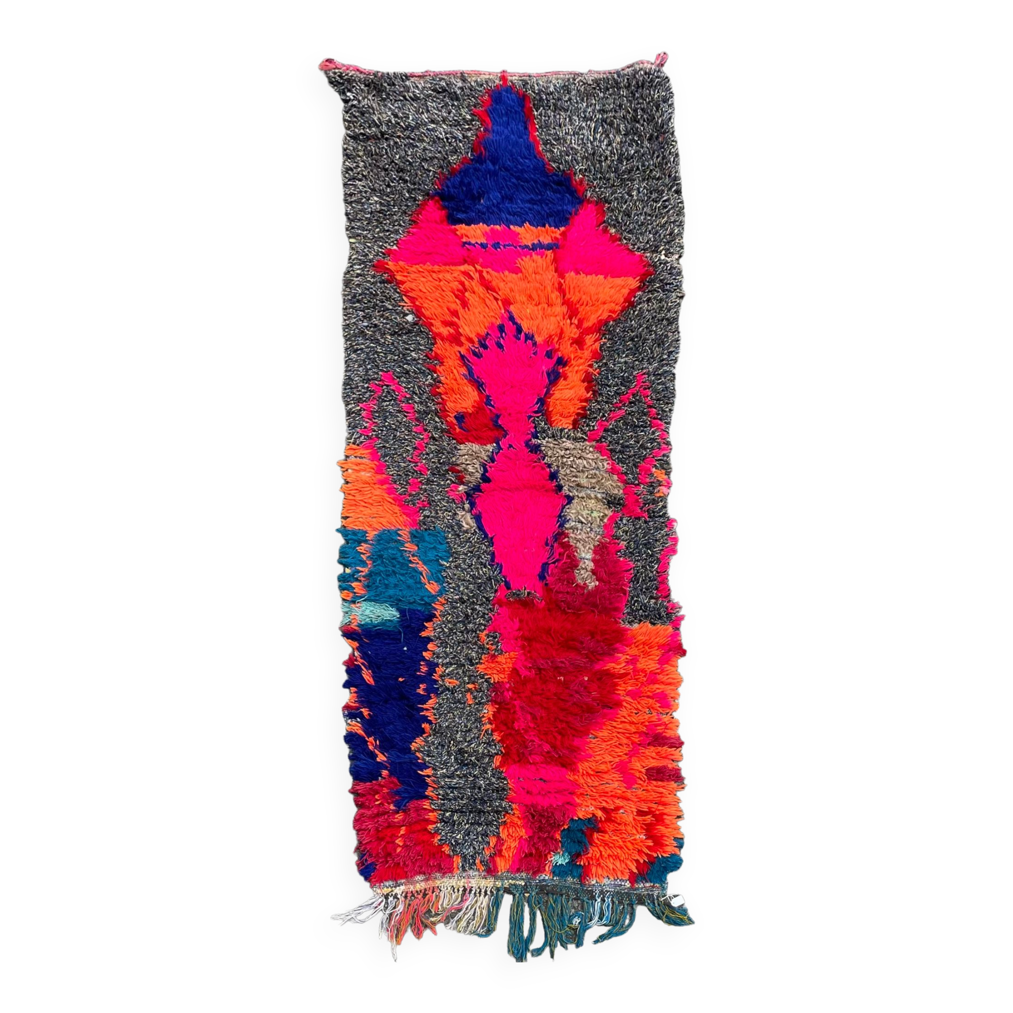 Modern red berber carpet in boucherouite fabrics