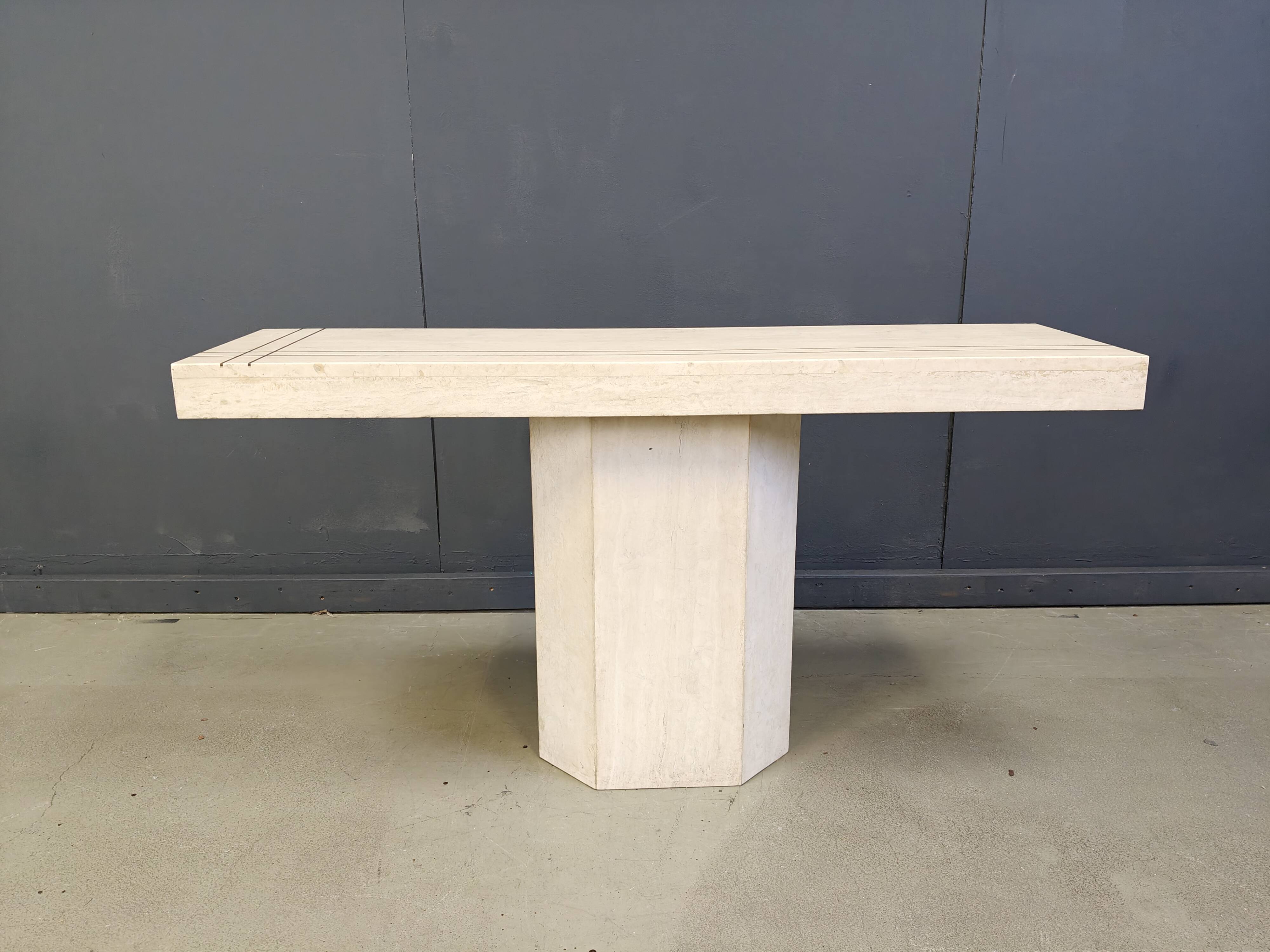 Vintage travertine and brass console table by Roche Bobois, 1970s