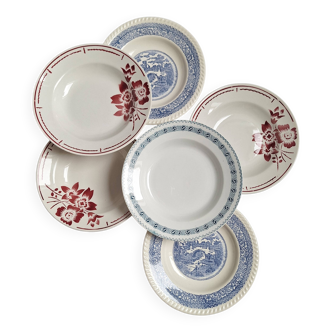 6 Assiettes creuses bleues et bordeaux